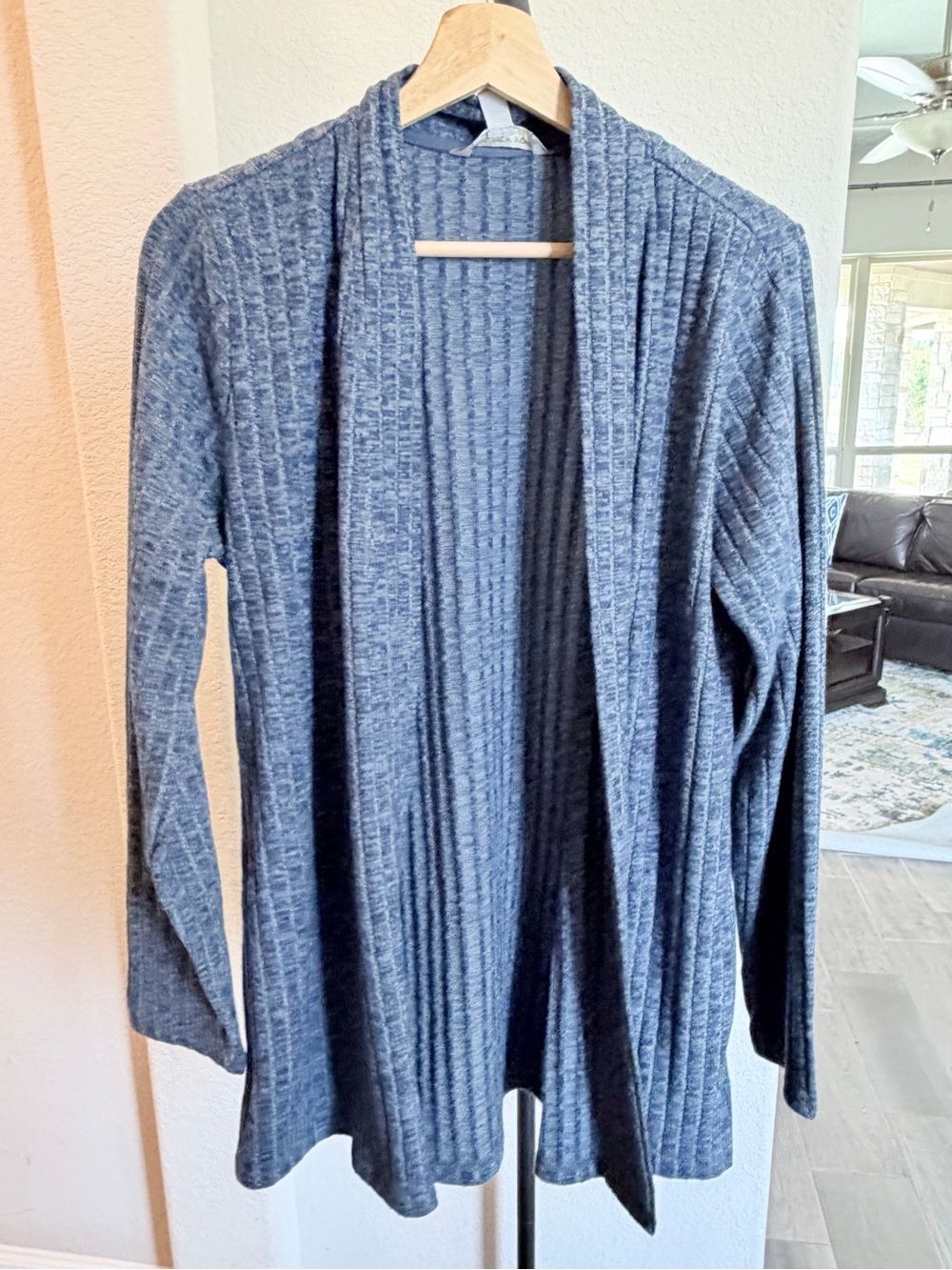 Andrew Marc Open-Front Ribbed Cardigan - Heathered Blue L